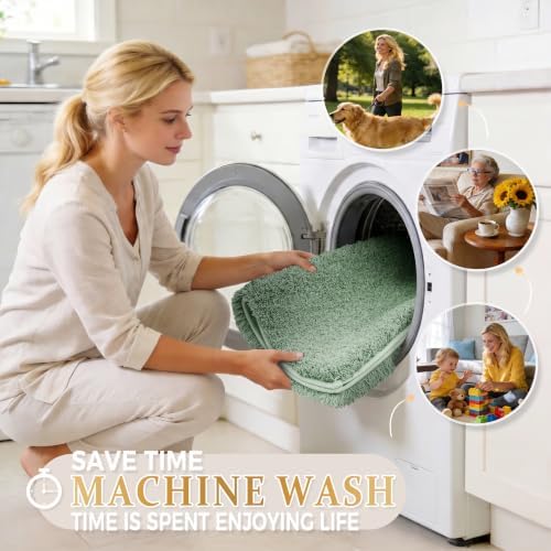 Yimobra Fluffy Plush Bath Rug, Super Shaggy Soft Comfortable Non Slip, Water Absorbent Microfiber Bath Mat, Dries Quickly, Machine Washable Thick Bathroom Rugs for Shower, 47" X 24", Pure Light Green