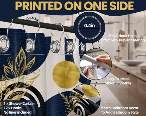 Navy Blue and Gold Shower Curtain, 72x72 in, Mid Century Modern