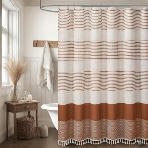 Fall Orange Boho Linen Striped Shower Curtain with Tassel 72"W X 72"L