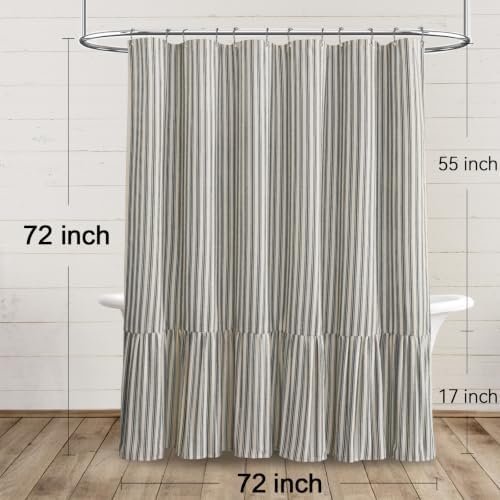 Farmhouse Shower Curtain Ruffle Linen Cream-Black Stripe 72"W x 72"L