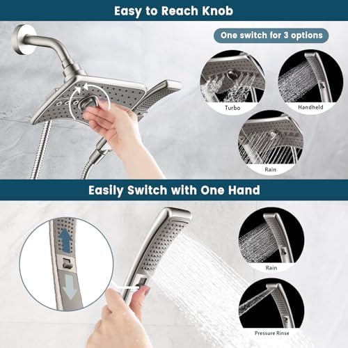 BRIGHT SHOWERS High Pressure Brushed Nickel Shower Heads Combo with Two Spray Setting Fixed Shower Head and Two Spray Settings Handheld Shower Head with Grey Face