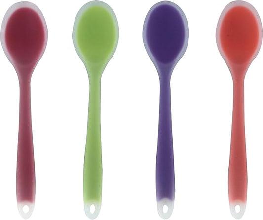Zorfeter 4 Pcs Small Silicone Spoons, Nonstick Kitchen Spoon Heat Resistant Stirring Serving Spoon for Kitchen Cooking Baking Mixing Tools(Transparent Purple+Orange+Red+Green)