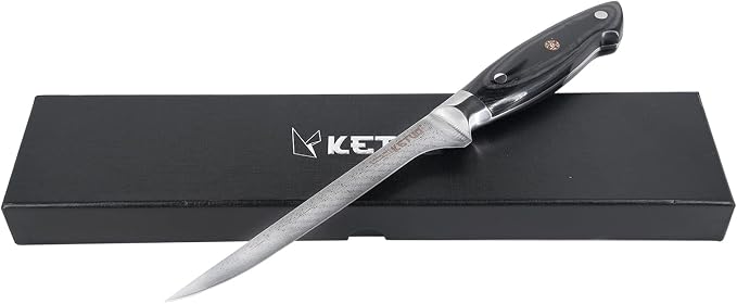Ketuo Professional Chef Knife Damascus Carbon Steel with Laser Pattern Blade and Black Pakka Wood (7 Inch Boning Knife)