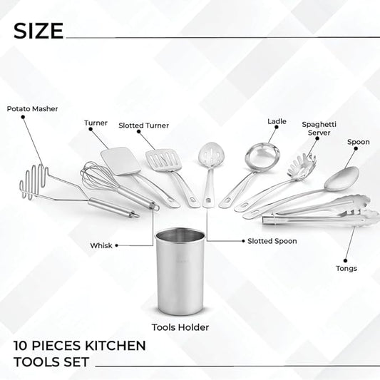 Avador® Premium Set of 10 Stainless Steel Kitchen Tool Set with Holder Easy To Clean, Space Saving, Great for Cooking, Baking, Prepping