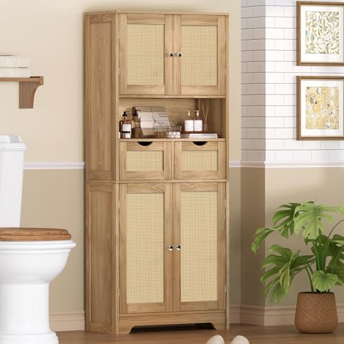 TEENFON 57.8" H Tall Storage Cabinet with 2 Drawers & 2 Adjustable Shelves, Rattan Cabinets with 4 Doors, Cupboard, Kitchen Cabinets, Pantry Cabinet, Tall Cabinet for Living Room, Entryway, Natural