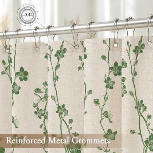 Gibelle Green Farmhouse Linen Shower Curtain, Boho Floral Fabric, 72 x 84