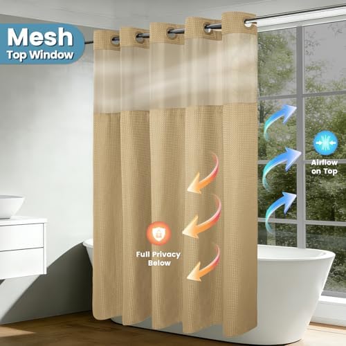 EUTXL Heavyweight Waffle No Hook Shower Curtain with Liner, Beige, 71x74