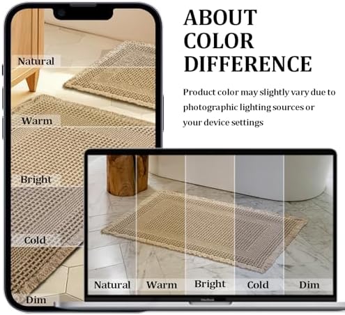 JIUZHEN Waffle Bath Mat Super Absorbent Bath Mat Non Slip Boho Bath Rugs for Bathroom Floor Machine Washable Quick Drying Bathroom Rugs with Tassels, 20" x 32", Loop-Brown