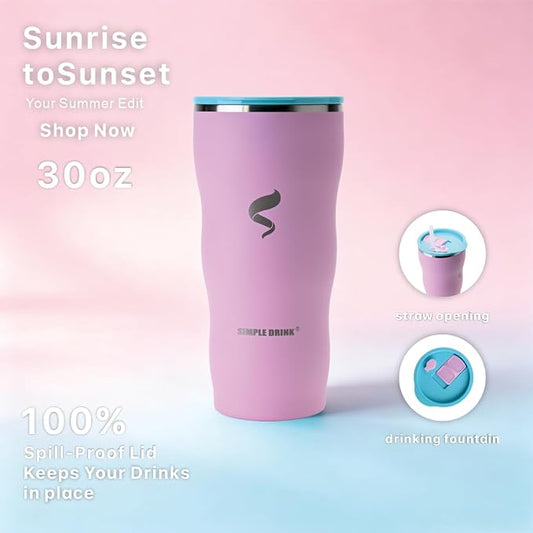 30 oz Stainless Steel Insulated Tumbler with Straw and Lid, Double Wall Vacuum Travel Cup, Spill Resistant, Fits Most Cup Holders, for Water, Iced Coffee and Hot Drinks, Pink Lemonade