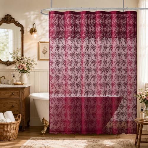 TUDECO Dark Red Lace Shower Curtain with Attached Valance, 72W x 84L Inch