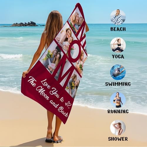 JML Mothers Day Birthday Gifts for Mom from Daughter Son, Personalized Beach Towel with Photo, Custom Beach Towel Gift for Mommy, Grandma, Women, Wife Anniversary Family Day, Summer, Holiday