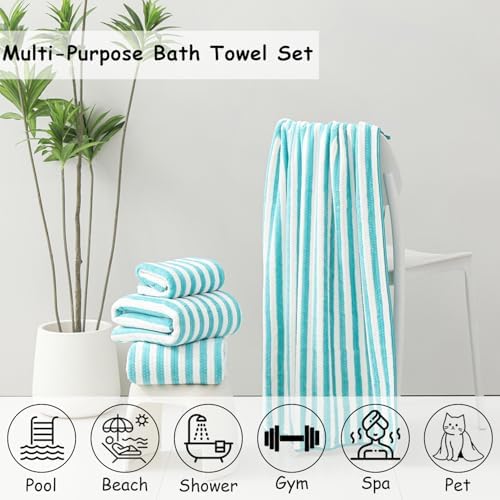 4 Pcs Turquoise Large Stripe Bath Sheets 35"x70" Extra Large Bath Towels Oversized Cabana Stripe Jumbo Towels for Bathroom Soft Highly Absorbent Quick Dry Beach Chair Towels for Hotel and Spa