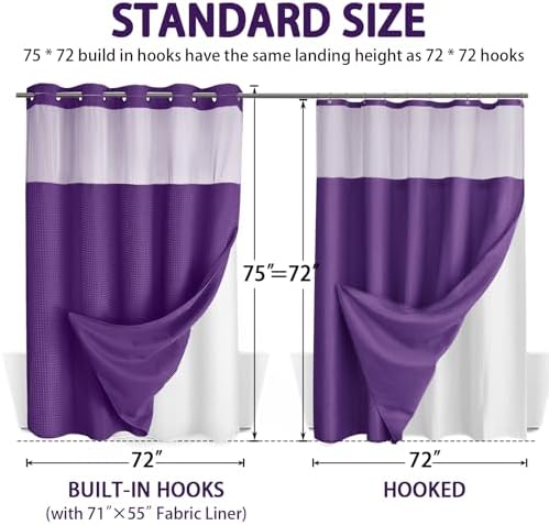 No Hook Shower Curtain with Liner Set Hotel Waffle Deep Purple 72W X 75L