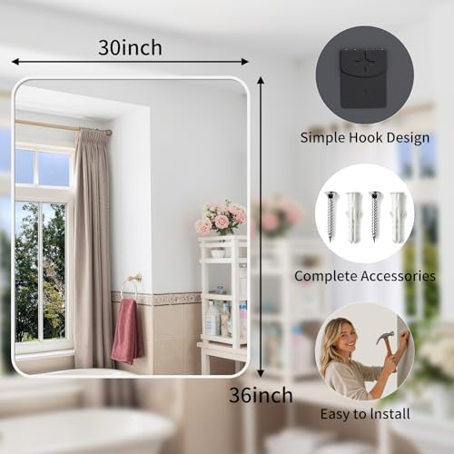 Bathroom Mirror for Wall, 30"x36" Black Bathroom Mirror for Over Sink, Shatterproof Tempered Glass Vanity Mirror with Anti-Rust Aluminum Alloy Frame, Hang Horizontally or Vertically, White