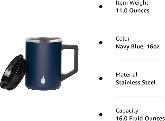 Elemental Insulated Coffee Mug - Triple-Wall Stainless Steel Summit Travel Cup for Hot and Cold Drinks - Thermal Coffee Mug with Lid and Handle for Camping, Office & Travel 16oz - Navy Blue