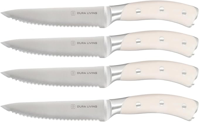 DURA LIVING 8-Piece Serrated Kitchen Steak Knife Set – Forged High Carbon Stainless Steel, Ultra Sharp, Ergonomic Black Handles, Durable Dinner Knives, Cream Handle