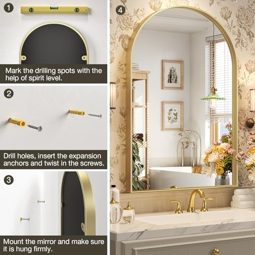 Brightify Arched Mirror, Arched Wall Mirror, 24 x 40 Inch Gold Arch Mirror, Metal Frame Gold Bathroom Mirror, Arched Top Bathroom Vanity Mirror for Living Room Bedroom Mantel Entryway Hallways
