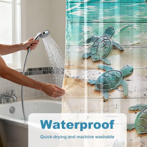 Cute Ocean Kids Shower Curtain, Beach Nautical Tropical Sea Turtle Shower Curtains for Bathroom, Waterproof Bath Curtain with Hooks Machine Washable Bathtub Curtains 36x72 Inch Blue Green