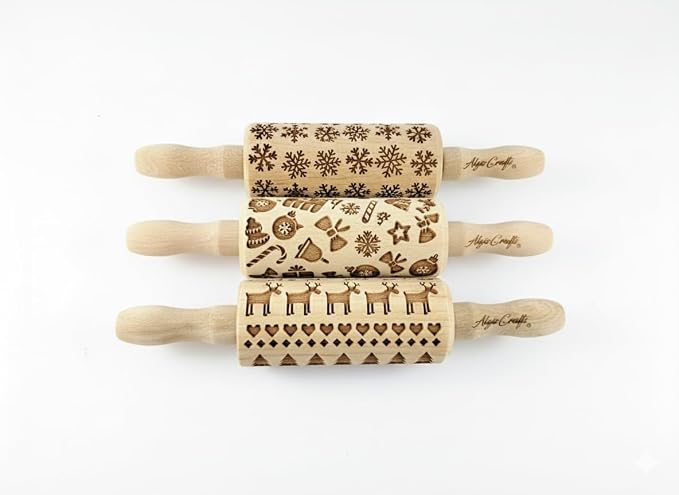 CHRISTMAS 3 Mini Embossed Rolling Pin Set Wooden Laser Engraved Textured rolling pins with Snowflakes, Elks, Christmas Trees and Gifts for Cookies by Algis Crafts