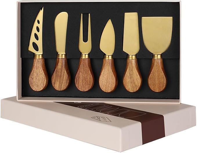 6 Pcs Gold Cheese Knives Set Tools Stainless Steel Cheese Slicer and Cutters for Kitchen Board Knife Set for Kitchen Charcuterie Board Accessories Housewarming Gift (Acacia-Gold Box)