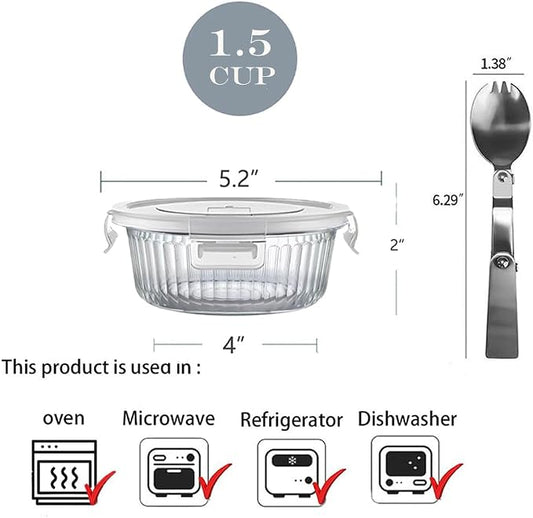H.JSS WDJS 1.5 cup Round Glass Food Containers with Lids and Spoon, 12oz Small Glass Lunch Storage Containers, Small Round Meal Prep Bowls for Office, Outdoor. Microwave, Freezer, Dishwashe safe