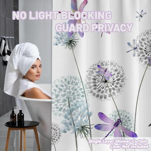 Dandelion Shower Curtain Purple Dragonfly Grey White Shower Curtains for Bathroom Decor, Waterproof Cloth Fabric with Hooks 70" W x 72" L