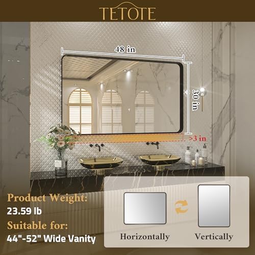 TETOTE 48 x 30 Inch Bathroom Vanity Mirror, Silver Framed Brushed Nickel Modern Farmhouse Decorative Rectangle Entryway Wall Mirror (Horizontal/Vertical)