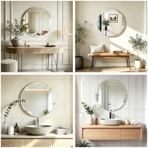 24 Inch Frameless Round Bathroom Mirror, Beveled Edge Wall Mirror, Modern Elegant Vanity Mirror for Bathroom Living Room Entryway