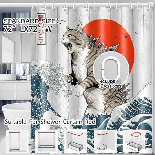JAWO Funny Cat Shower Curtain, Japanese Ocean Wave Cat Fun Shower Curtain Nautical Kids Children Rustic Wooden Farmhouse Shower Curtains, 72X84inch