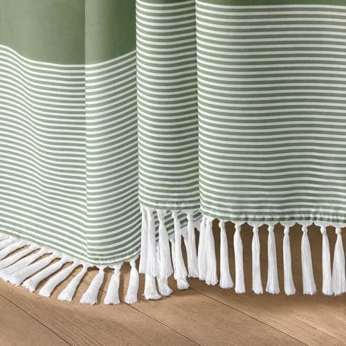 Sage Green Boho Cotton Striped Shower Curtain with Tassel 72"W X 72"L