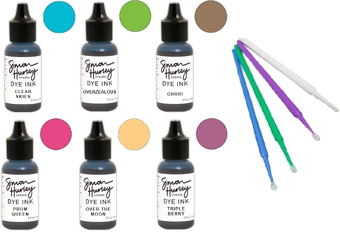 Ranger Simon Hurley Bundle - 6 Dye Ink Collection with PTP Flash Deals Detail Sticks (REINKERS: Clear Skies, Overzealous, Over Moon, Prom Queen, Grrr!, Triple Berry)