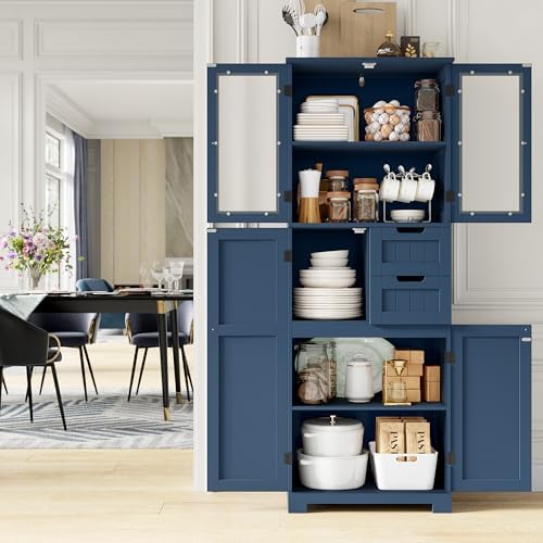 BOTLOG 67'' Tall Bathroom Storage Cabinet, Linen Cabinet with Glass Doors and Adjustable Shelves, Kitchen Pantry with 2 Drawers for Bathroom, Living Room, Dining Room, Blue