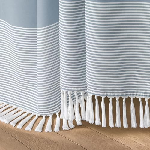 Blue Coastal Ocean Cotton Striped Shower Curtain with Tassel 72"W X 72"L