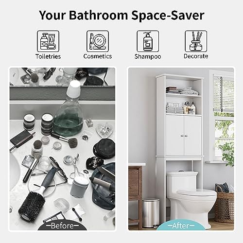 Shintenchi Over the Toilet Storage Cabinet, Bathroom Above the Toilet Rack, Bathroom Adjustable Shelf Organizer with Open Bottom Bar and Anti-Tip Device, White