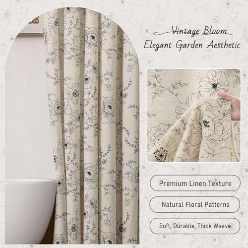 Farmhouse Floral Vintage Shower Curtain for Bathroom, Black Embroidered
