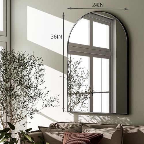 HARRITPURE Arched Wall Mirror 24"x36" Black Metal Frame Vanity Mirrors