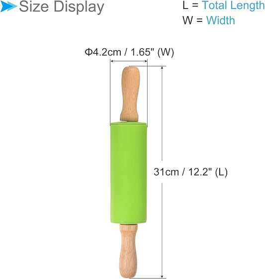 Silicone Rolling Pins, 12.2" Length, Silicone & Oak Non-Stick Ergonomic Wooden Handle Fondant Dough Roller Green - (Applications: for Baking DIY Projects)