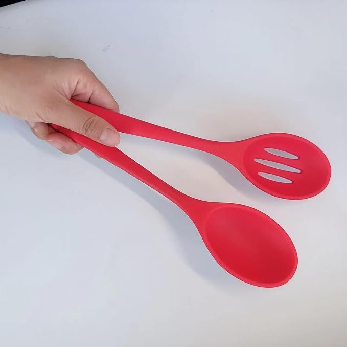 4PCS Kitchen Silicone Cooking Spoon,Nonstick Mixing Serving Spoons Set for Cooking,Slotted and Solid Serving Spoon Heat Resistant,Silicone Mixing Basting Stirring Spoons for Bake Stir Cookware (Red)