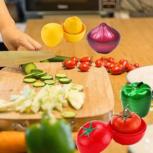 4 PCS Fruit and Vegetable Shaped Food Saver Storage Containers Holder Refrigerator Vegetable Crisper(Onion, tomato, lemon, green pepper)