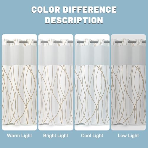 LXBNI Gold White No Hook Shower Curtain with Liner, 71 x 80 Inch