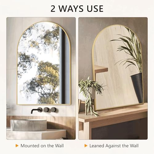 Arched Bathroom Mirror for Wall, 30" x 20" Metal Frame Vanity Mirror, Gold