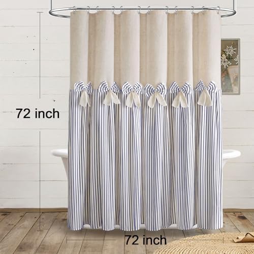Farmhouse Shower Curtain Linen Bow Pleated Blue Stripe 72"W x 72"L