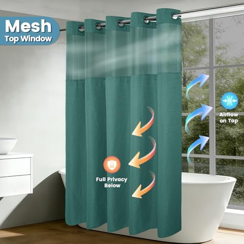 Heavyweight Waffle No Hook Shower Curtain with Liner, Seaweed Green, 71x74