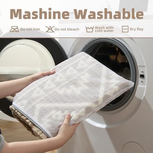 PADOOR-Waffle Bath Mat-Super Absorbent Bath Mats for Bathroom, Machine Washable Non Slip Bathroom Rug with Tassels, Soft Bathroom Mat for Laundry Room, Bedroom, Brown & Cream, 17"x28"