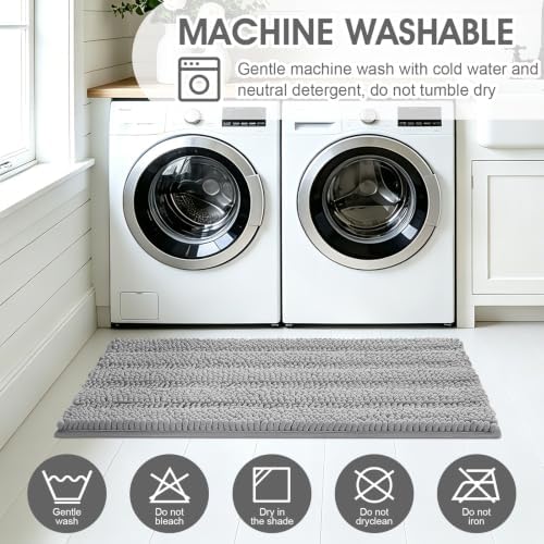 ACCUMTEK Striped Light Grey Toilet Bathroom Rug Mat Set 2 piece Rug Ultra Soft, Non Slip Chenille Bath Rugs, Absorbent Plush Shaggy Bath Mats for Bathroom, Bedroom, Kitchen, Shower, Tub