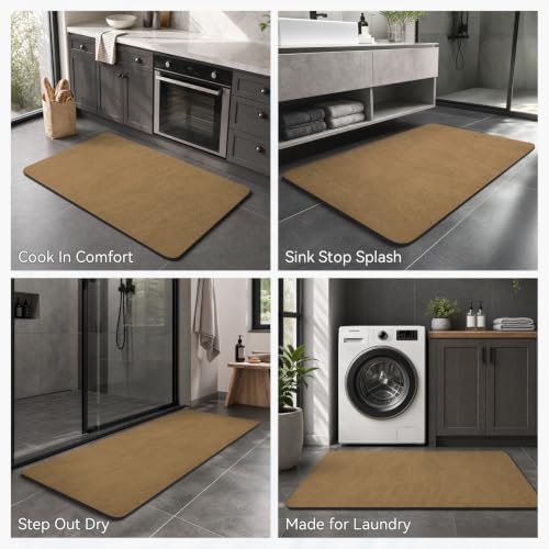 MontVoo -Bath Mat Rug-Rubber Backing Non Slip Quick Dry Absorbent Thin Bathroom Rugs Fit Under Door-Faux Suede Surface Bathroom Floor Mats-Shower Rug for in Front of Bathtub Shower Camel 16"x24"