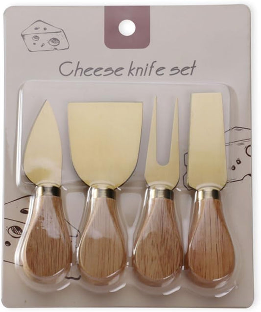 Linwnil 4-Piece Set of Stainless Steel Cheese Knives with Wood Hand, Including Cheese Slicer and Cheese Cutters, Essential Cheese Tools for the Kitchen (Oak handle, Gold)