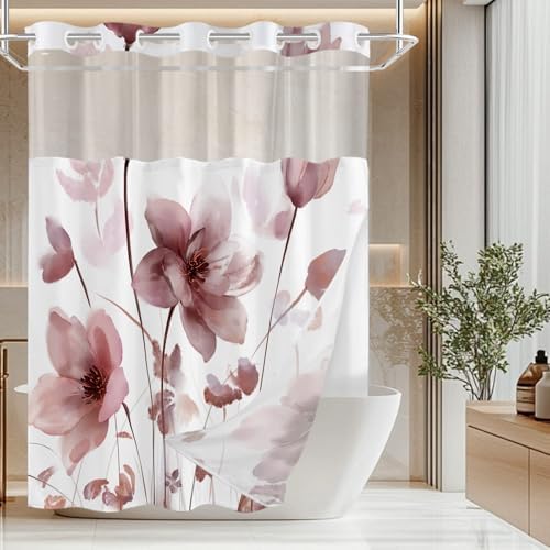 No Hook Shower Curtain and Liner Set, Red Boho Floral 71x84
