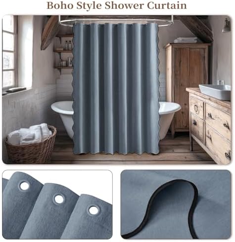 BTTN Blue Grey Boho Scalloped Linen Textured Cloth Shower Curtain, 72x72