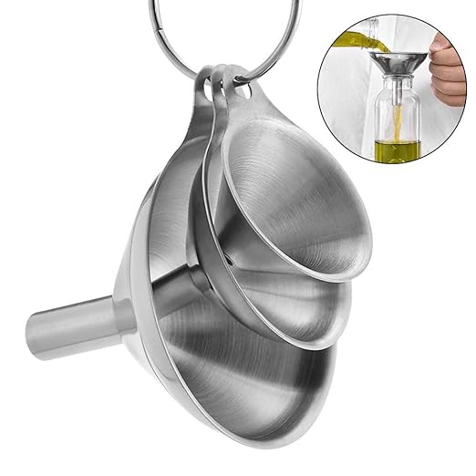 3 in 1 Metal Funnels for Filling Bottles Stainless Steel Small Kitchen Funnel Set for Transferring Essential Oils Liquid Fluid Spice Dry Ingredients Powder,Durable (Short-Handled Funnel)